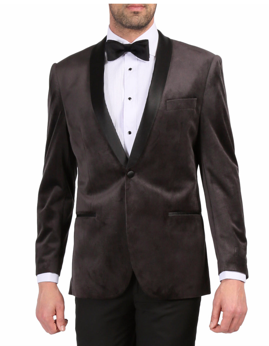 Slim Solid Gray Velvet Tuxedo Blazer