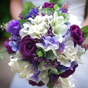 - WEDDING BOUQUET of artificial silk ivory and purple roses and hydran ...