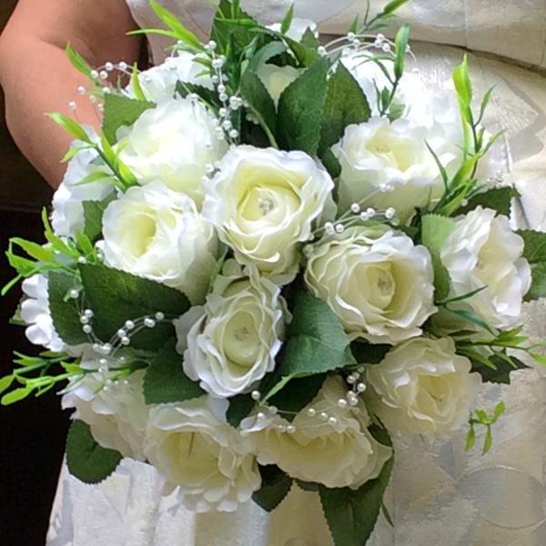 A wedding bouquet collection of silk ivory roses with diamante & pearl ...