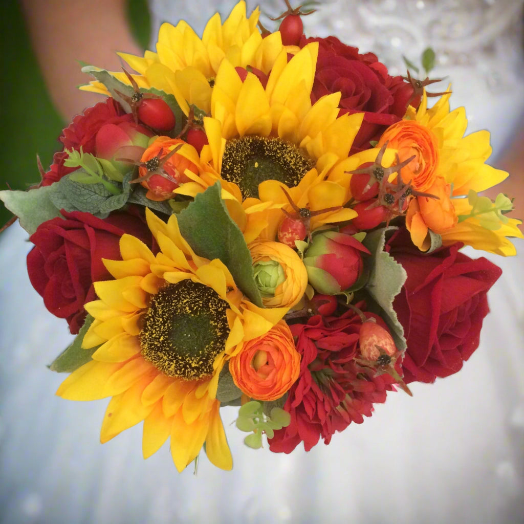 - a brides wedding bouquet featuring artificial silk roses & sunflower ...