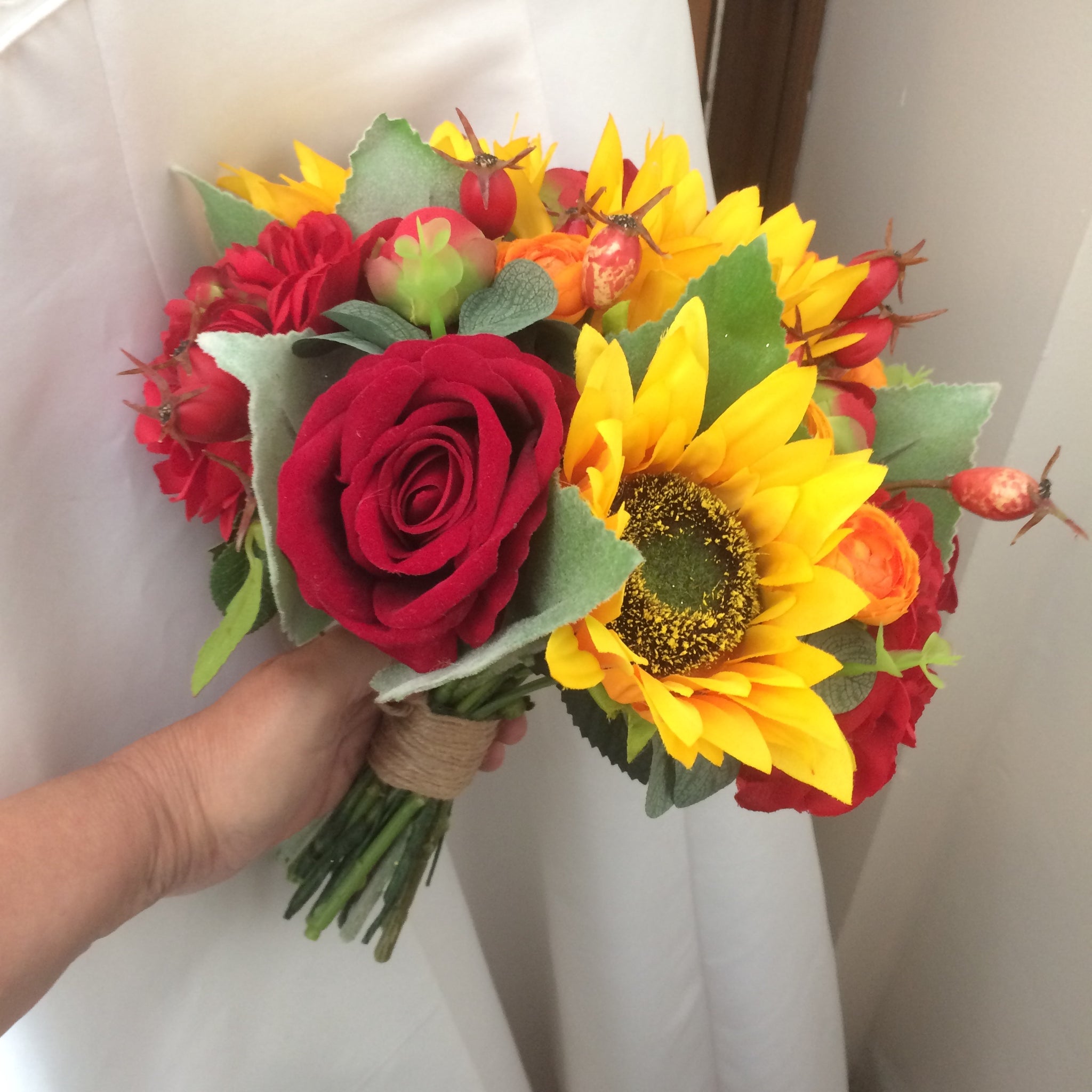 A Brides Wedding Bouquet Featuring Artificial Silk Roses And Sunflower Abigailrose 2995