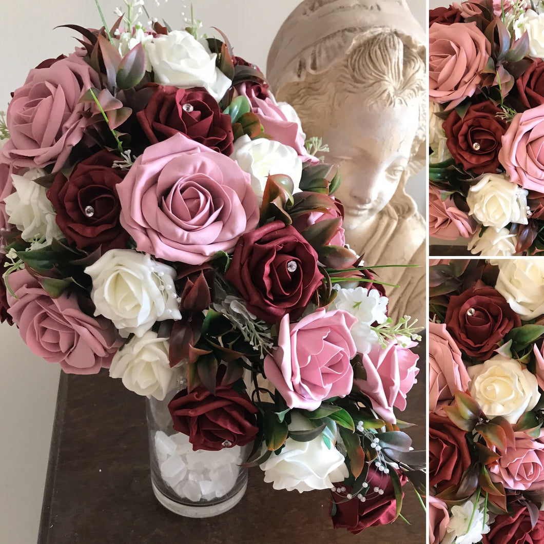 A Teardrop Bouquet Of Artificial Burgundy Ivory And Pink Foam Roses Abigailrose 6155