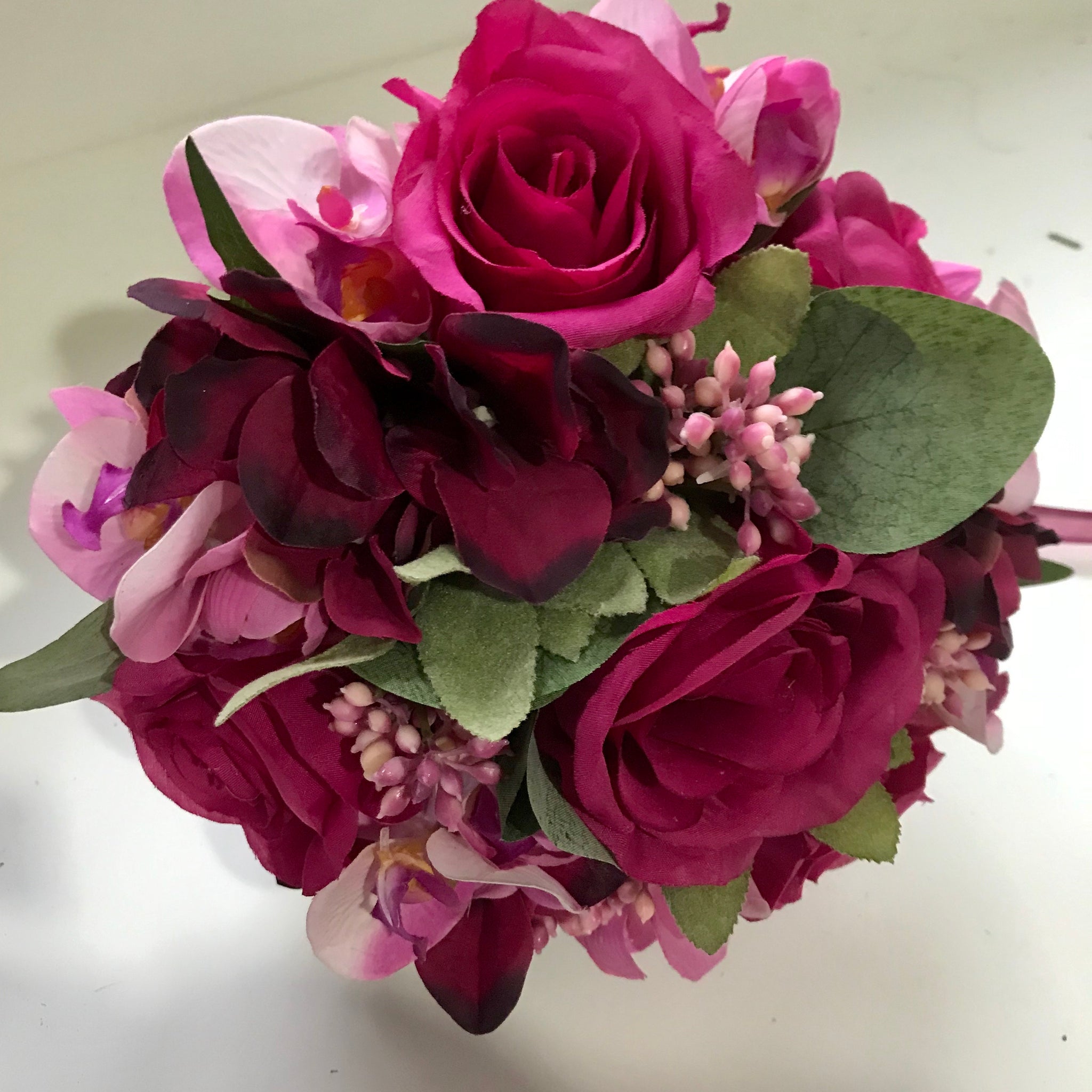 WEDDING BOUQUET of artificial silk cerise & red roses & alstromeria –  AbigailRose