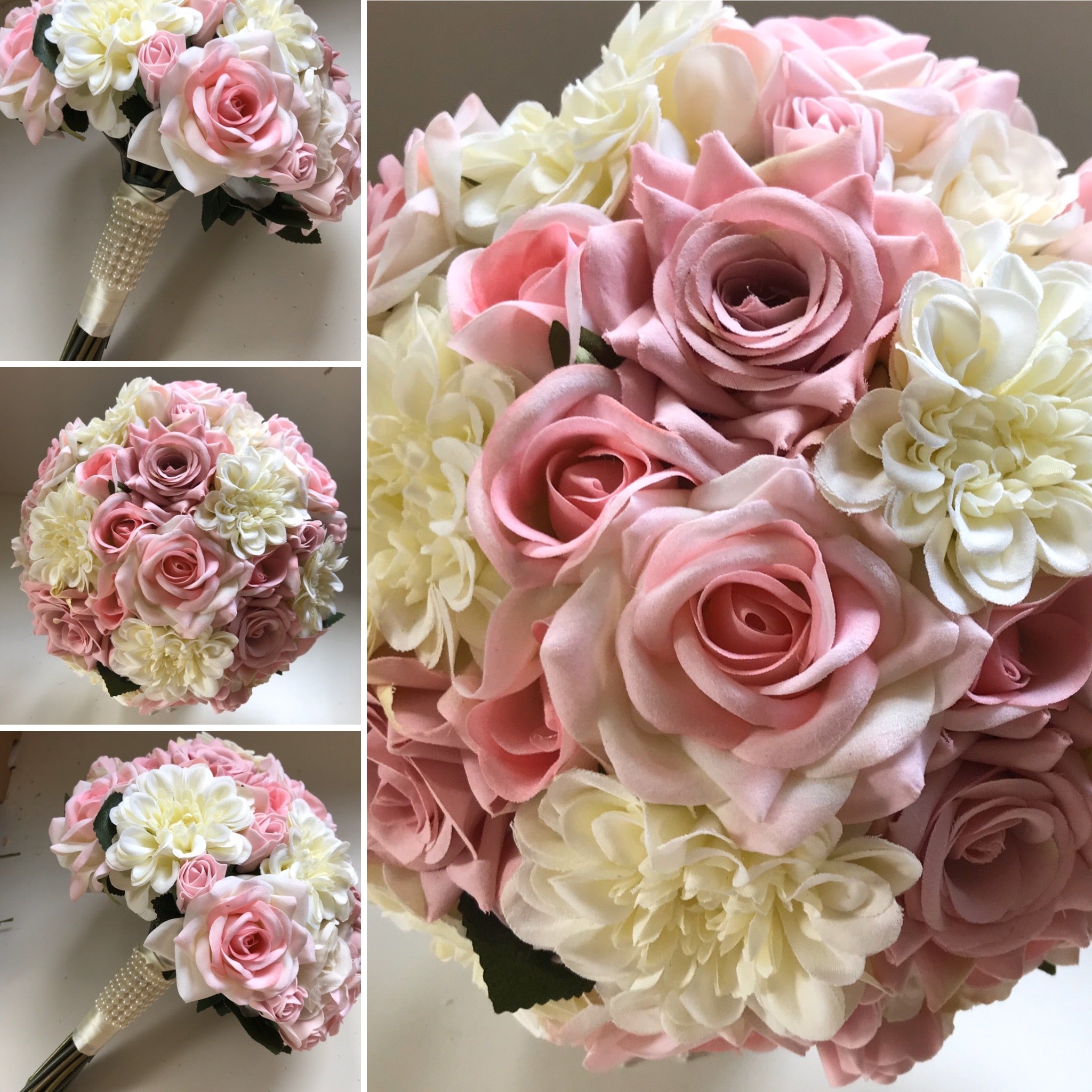 an artificial bridal bouquet of pink roses and ivory dahlia – AbigailRose