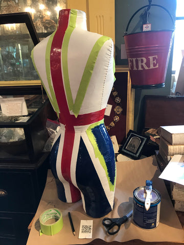 tape on mannequin for blue portions of union jack flag