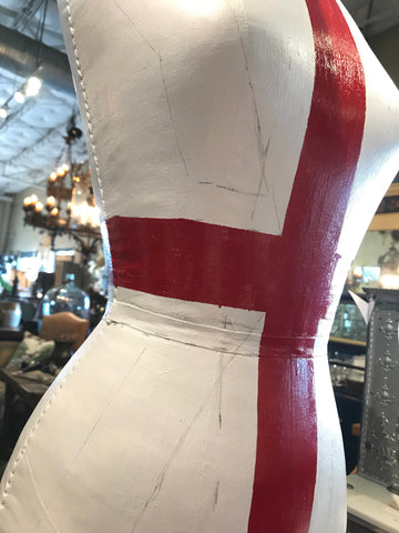 mannequin with red stripe and hand drawn blue painted area for union jack mannequin