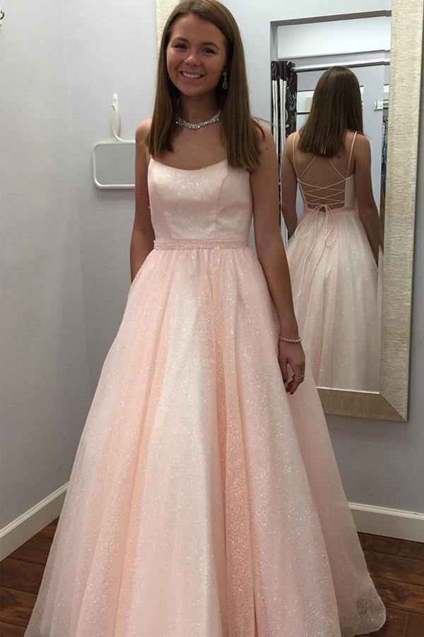 Glittering Pink A Line Floor Length Long Prom Dresses PL486 | Promnova