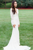 Ivory Lace Mermaid Backless Long Sleeves Wedding Dresses, Wedding Gown, PW348