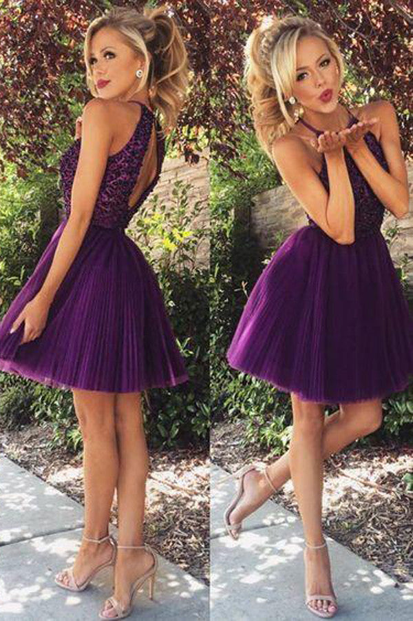 Sexy Open Back Homecoming Dress Purple Halter Beaded Short Prom