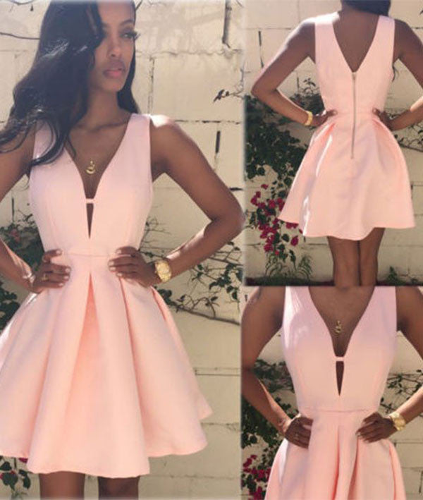 Cute Pink V Neck homecoming Dress, Cheap Short Prom Dresses for teens ...