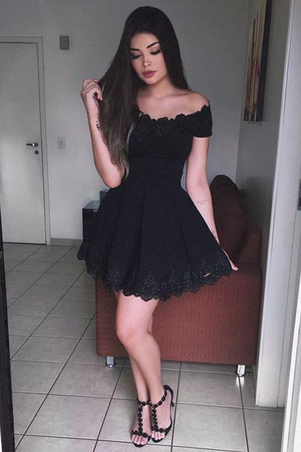 Black Sexy A-Line Off Shoulder Short Homecoming Dress With Appliques ...