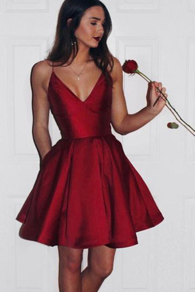  Burgundy  Homecoming Dress  Short Simple Spaghetti Straps 