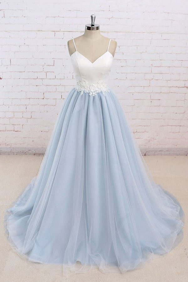 blue and white flower prom dress