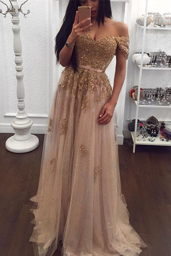 Gold Lace Tulle Beaded Sweetheart Off Shoulder Prom Dress Evening ...