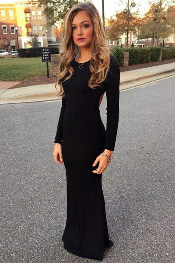 black long sleeve open back dress