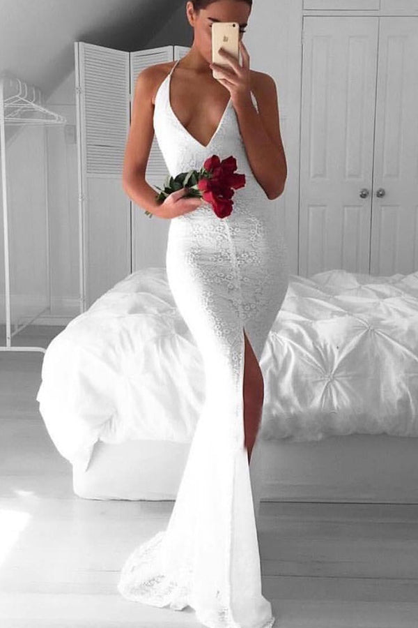 Elegant White Halter Lace V Neck Side Slit Long Prom ...