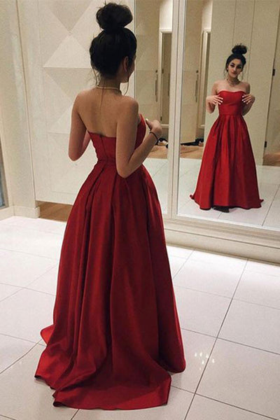 Gorgeous Red Satin Strapless A Line Cheap Prom Dresses Evening Gowns ...