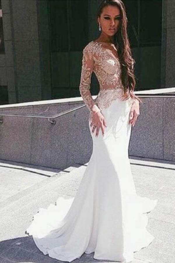 white full length gowns with sleeves