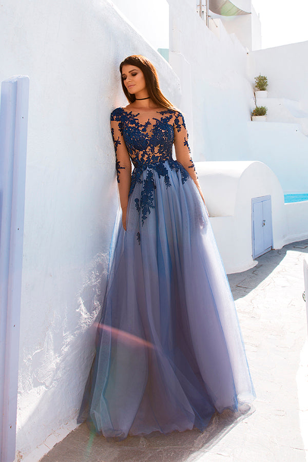 Open Back See Through Blue Lace Long Sleeve Long Prom Dress – Promnova