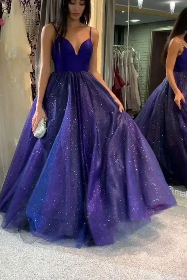 New Arrival Sparkle Purple A-Line Tulle Spaghetti Straps Prom Dresses ...