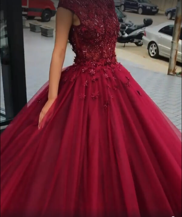 Luxury Tulle Burgundy Ball Gown Scoop Beaded Long Prom Dresses PL394 main image 1