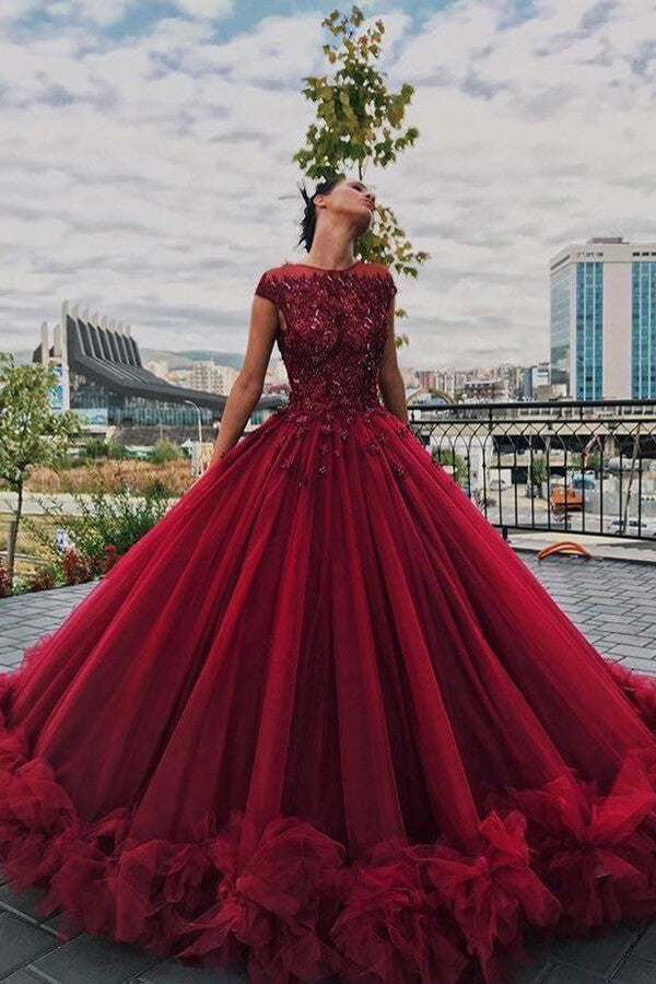 Tulle Burgundy Ball Gown Scoop Beaded Long Prom Dress PL394 | Promnova