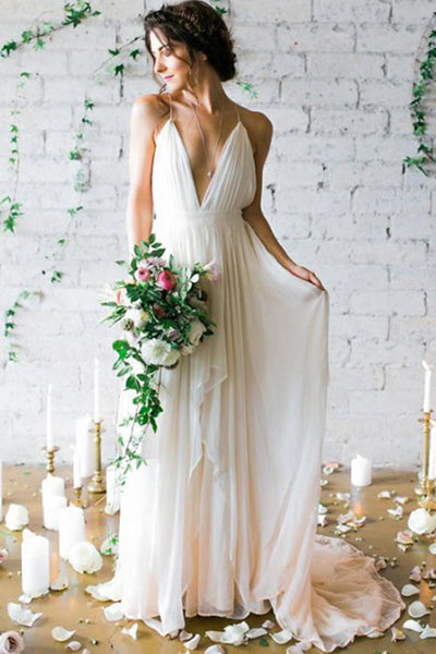 Ivory Deep V-neck Sweep Train Wedding Dresses,Bridal Gown With Straps ...