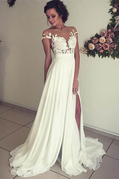 Ivory Cap Sleeves V-neck Wedding Dresses with Sweep Train Appliques ...