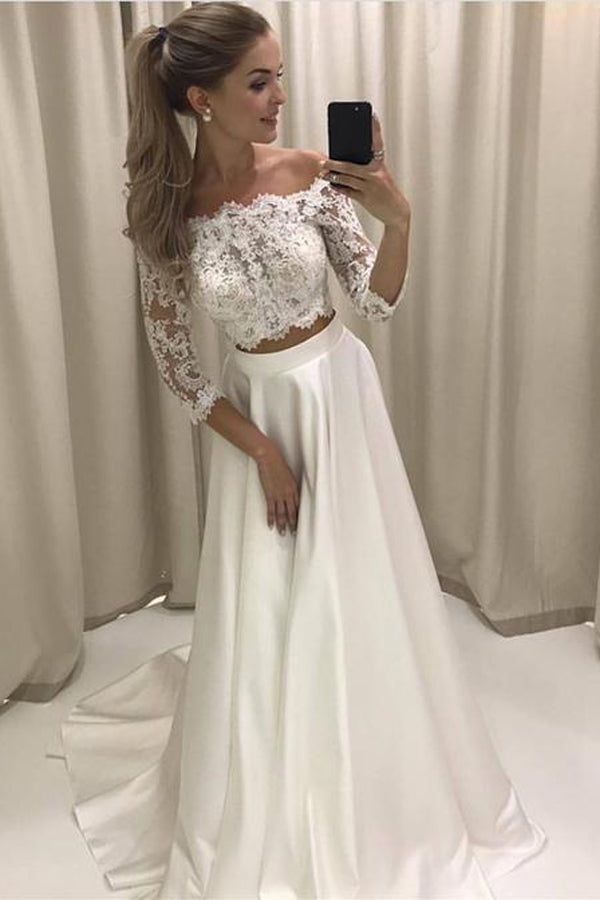 Lace Sleeved Two Piece Wedding Dresses Boho Style Beach Bridal Gown