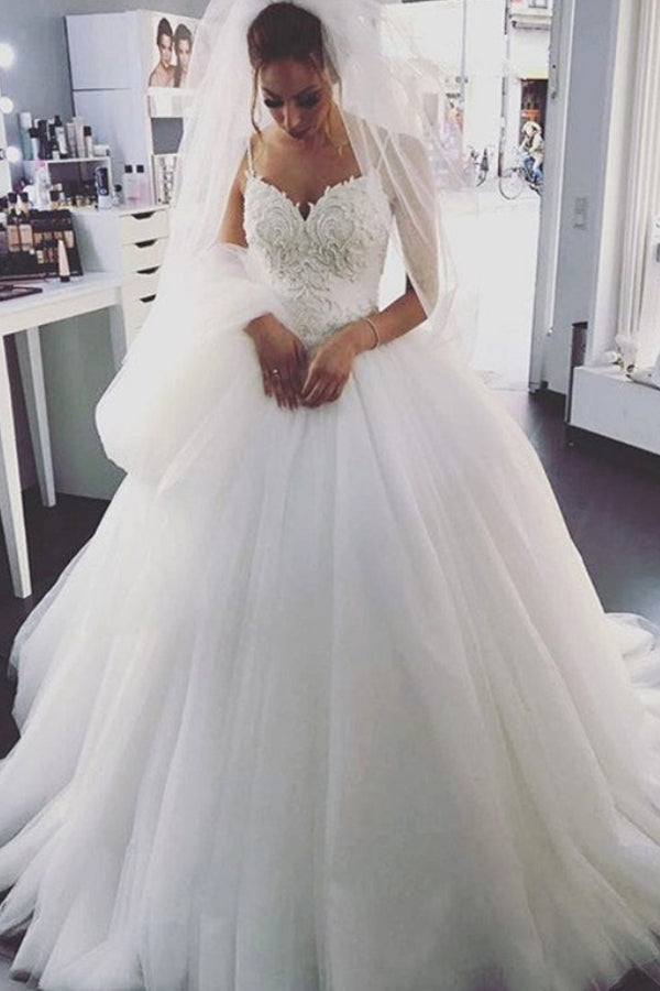 Charming Tulle White Spaghetti Straps Ball Gown Wedding ...