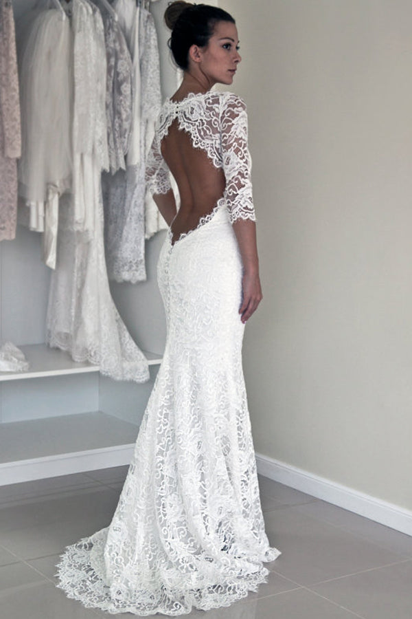 Elegant White Lace Backless Mermaid 1/2 Sleeve Wedding Dresses – Promnova