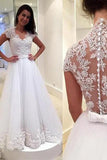 See Through Back V Neck Lace Cap Sleeves Wedding Dress, PW170