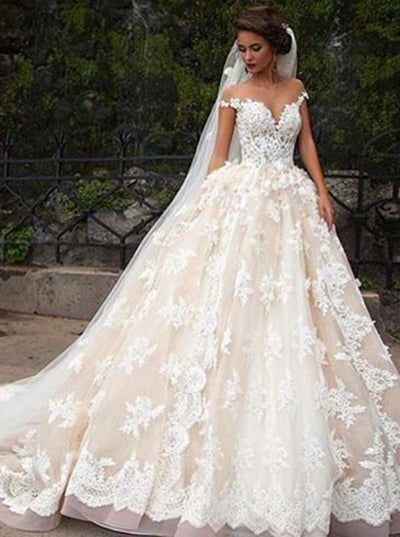 Glamorous Cap Sleeves Lace Tops Wedding Dress with Court Train – Promnova