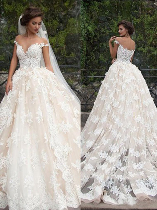 Glamorous Cap Sleeves Lace Tops Wedding Dress with Court Train – Promnova