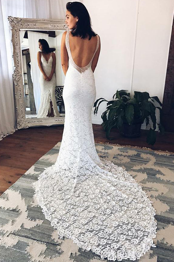 Sheath Column V-neck Long Sexy White Lace Beach Wedding Dress – Promnova