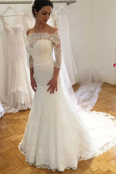 Lace Off Shoulder Sheath 3/4 Sleeves Wedding Dresses with Sweep Train ...