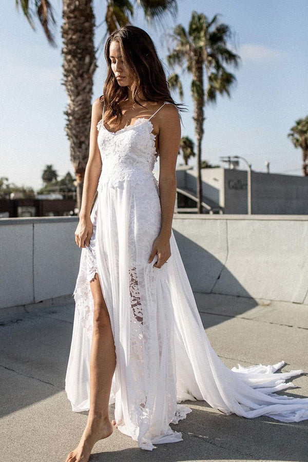 White Lace Chiffon Aline Spaghetti Strap Beach Wedding Dresses Promnova