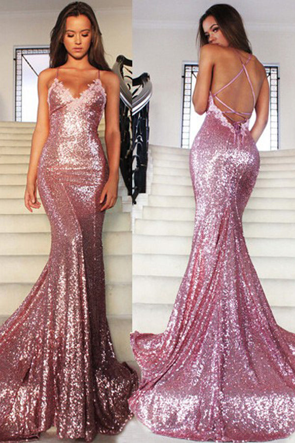 pink sequin mermaid long prom dress
