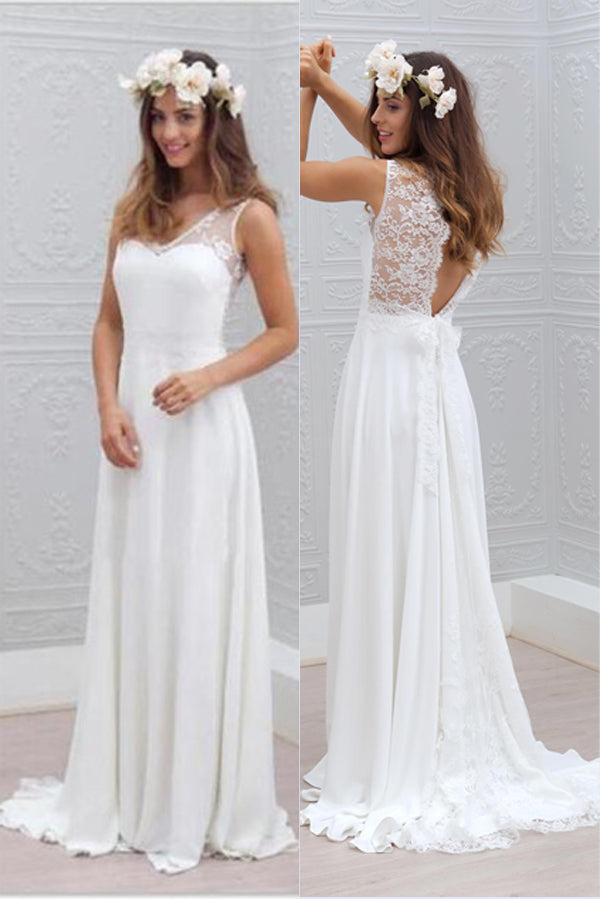 Chiffon Lace Wedding  Dresses  Open  Back  Beach  Wedding  