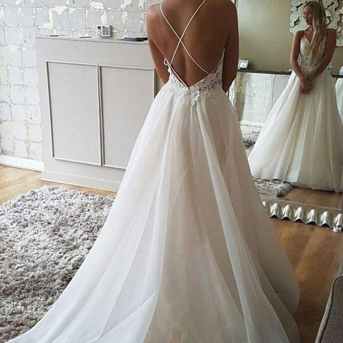 Cheap A-line Spaghetti Strap Lace Backless Beach Wedding Dresses – Promnova