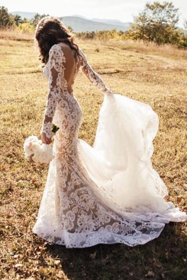 Romantic Lace Mermaid Long Appliques Backless Long Sleeves Ivory ...
