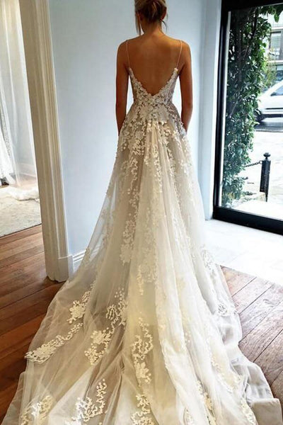 Cheap Lace A Line V Neck Wedding Dresses with Spaghetti Straps – Promnova