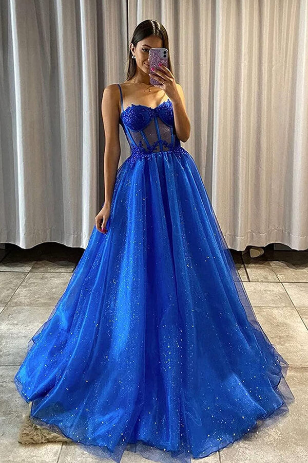 Shiny Royal Blue Tulle A Line Sweetheart Prom Dresses PL555 | Promnova