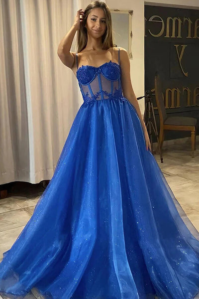 Shiny Royal Blue Tulle A Line Sweetheart Prom Dresses PL555 | Promnova