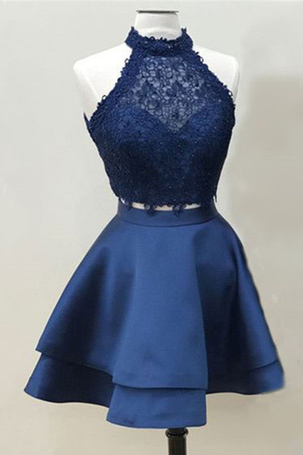 Two Piece Dark Blue A-line Satin Short Prom Dresses Homecoming Dress ...