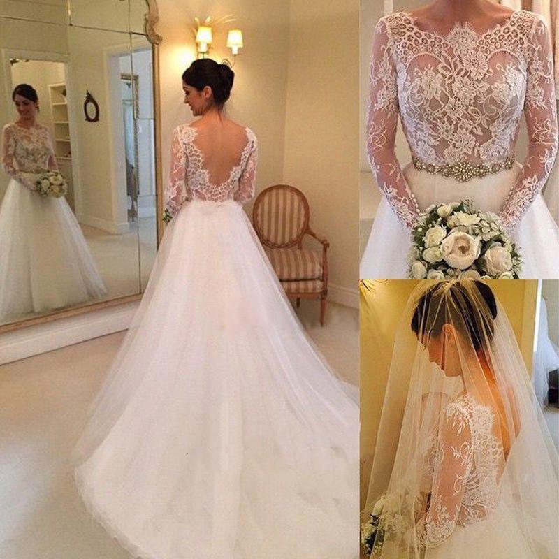 White Beading Lace Backless A-line Long Sleeves Wedding Dresses With ...