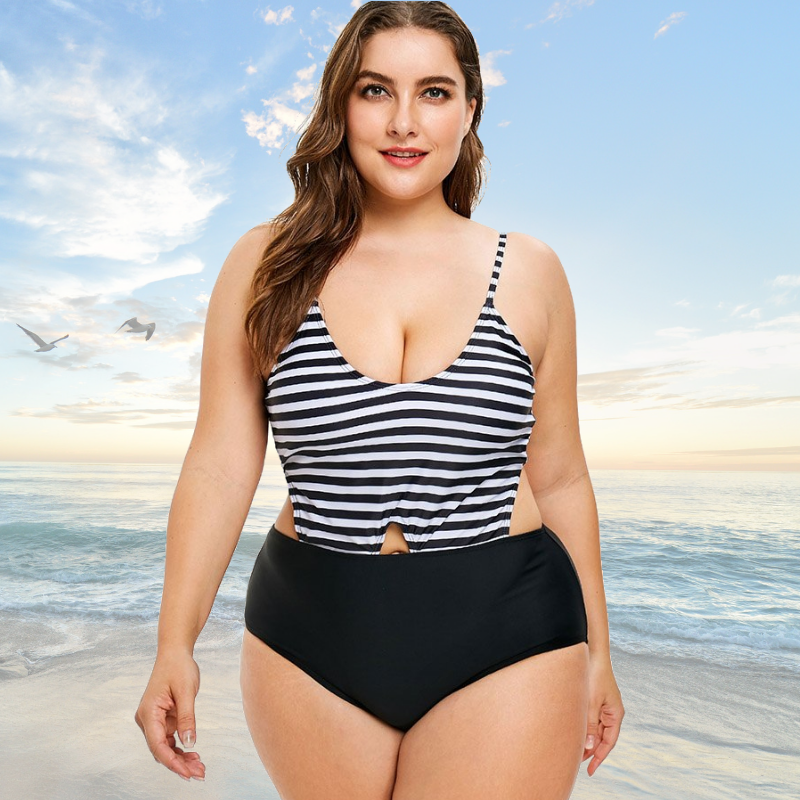 Stripe cut out swimsuit plus size and sunset