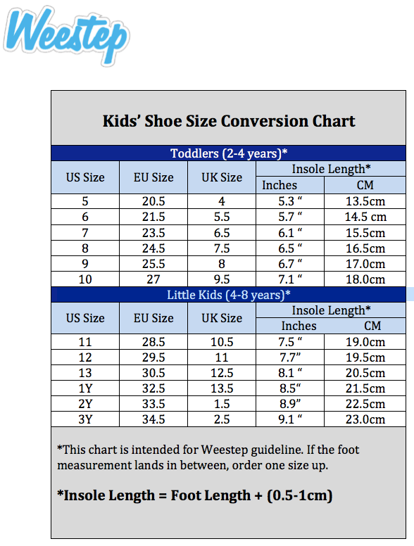 Kids' Shoe Size in Inches Chart