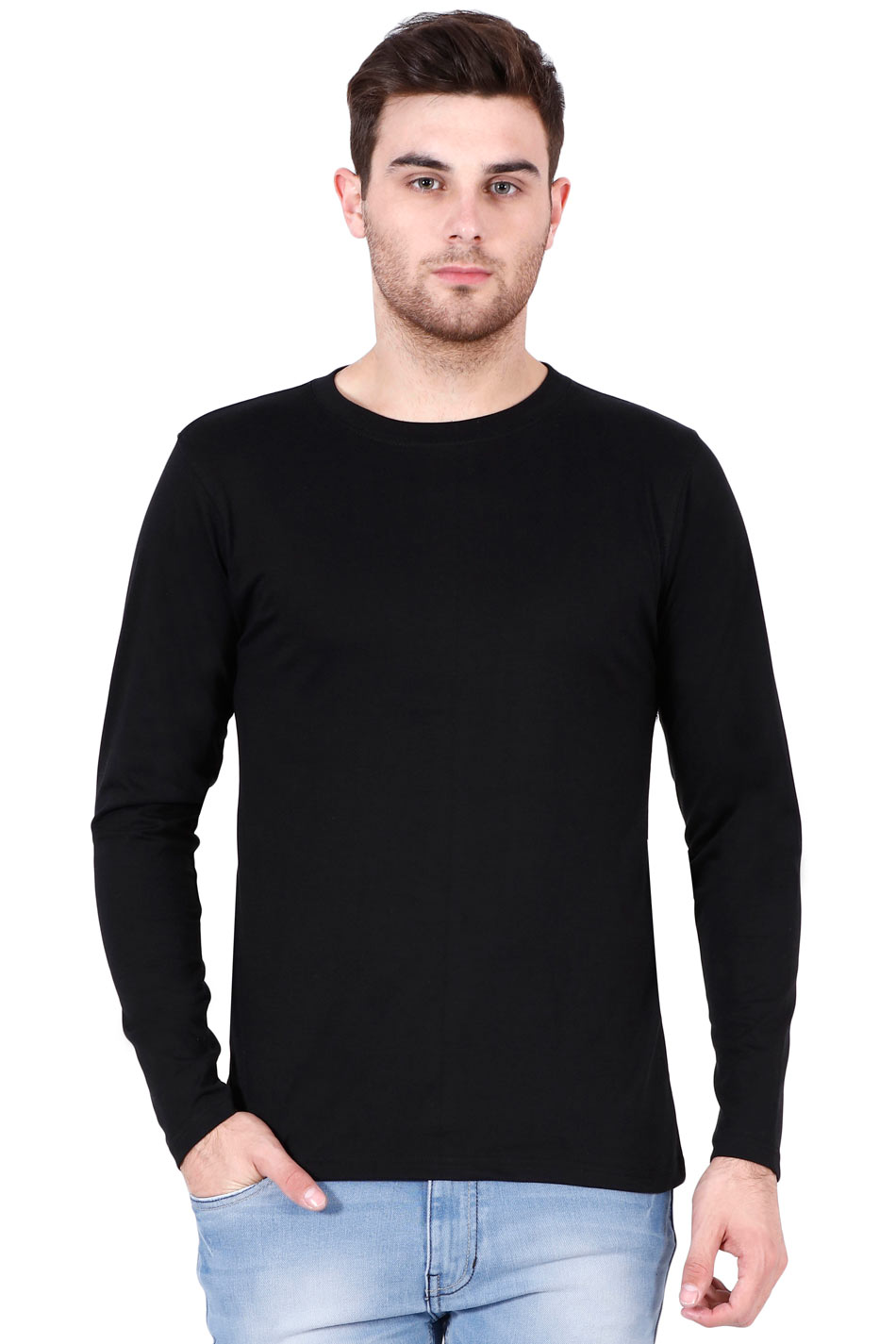 Black cotton t-shirt in long sleeves for men. Shop now at Alloons