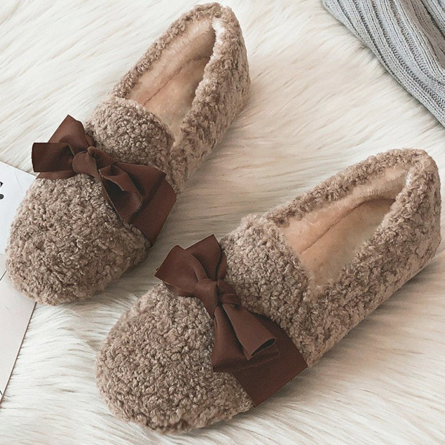 Lamb Wool Comfy Warm Bow Loafers – LarosaStyle